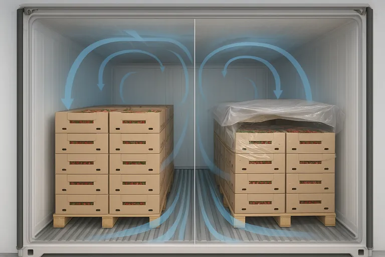 Cutaway view inside a refrigerated container showing proper and improper airflow around pallets of chilies: clear blue airflow streams pass under pallets and up through aligned vent holes on the correct side, while overhanging wrap and a sagging liner block vents on the incorrect side with slight condensation forming.