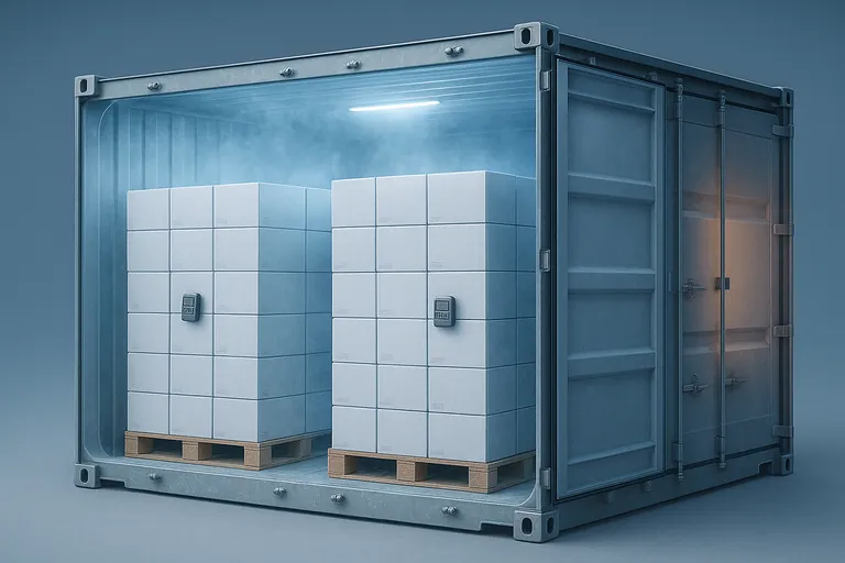 Tampilan potongan di dalam kontainer pengiriman berpendingin yang dimuat dengan karton udang beku yang dipalet, menyoroti satu logger suhu di tengah muatan dan satu lagi di dekat pintu.