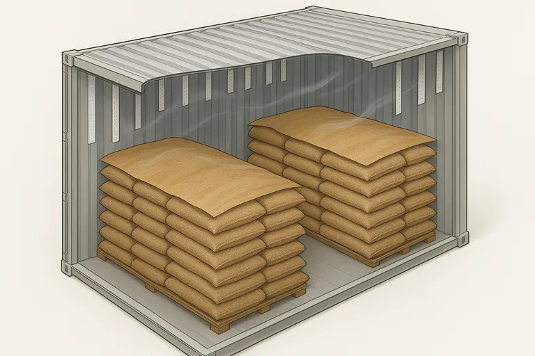 Cutaway view of a coffee-loaded container showing optimal desiccant placement along side walls and door frame, roof condensation being intercepted, and kraft paper over the top layer without plastic.