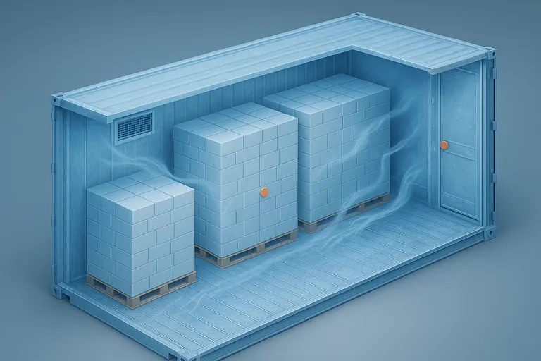 Cutaway view of a loaded refrigerated container showing correct airflow and three data loggers positioned at the return-air bulkhead, mid-load center, and near the doors along the supply-air path.