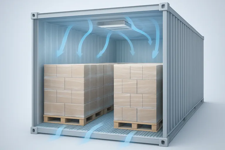 Cutaway view of a refrigerated container interior showing evenly spaced pallets of frozen cartons stacked to uniform height, with clear top and side airflow gaps and blue arrows illustrating cold air circulation over a ribbed floor and around the load.