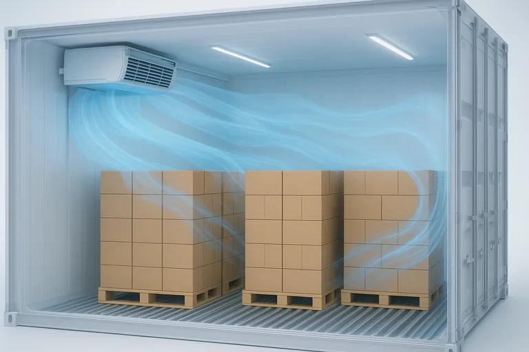 Cutaway view of a refrigerated container showing correct airflow around palletized vegetables: blue airflow streams moving evenly past cartons, clear gaps to walls and doors, open‑deck pallets over a T‑bar floor, and cartons aligned to the central air chute without overhang.