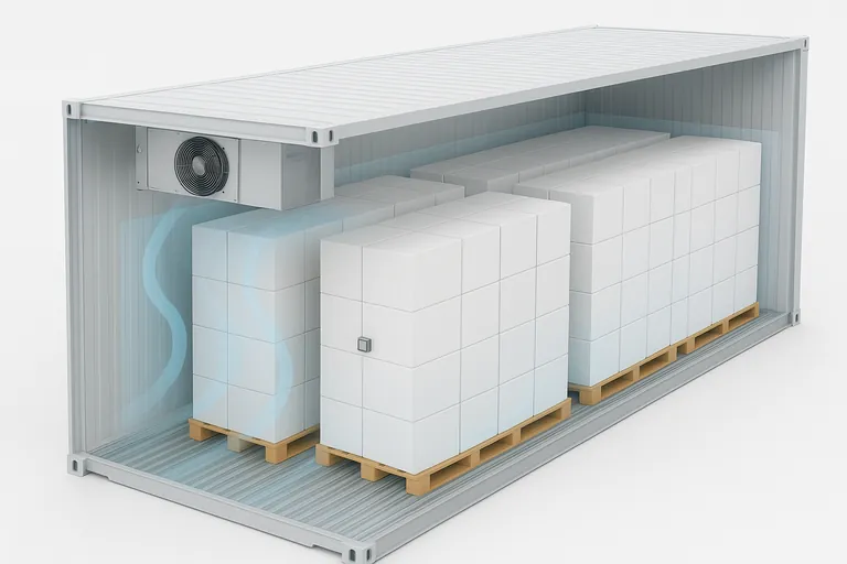 Cutaway view of a refrigerated container showing ideal airflow and stowage: pallets on an open T-floor with small side and top clearances, a rear door baffle installed, and two data loggers placed—one mid-height on a center pallet and one near the doors—while cool air streams travel along the floor to the rear, rise through the load, and return along the ceiling to the front.