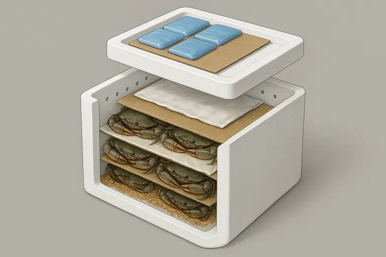 Cutaway view of an insulated box showing the layer-by-layer packing for live mud crabs: liner, absorbent pad, coarse shavings, a layer of crabs with tied claws, a damp cloth, a corrugated divider, a second crab layer, a top cover, and gel packs isolated under the lid by a cardboard barrier; small ventilation holes near the top side walls and no free water.