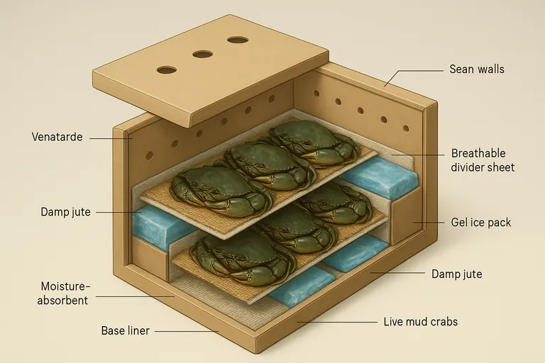 Cutaway view of an insulated, ventilated shipping box showing recommended packing for live mud crabs: tied claws, damp jute layers, divider sheets, gel packs separated by barriers, and small air vents.