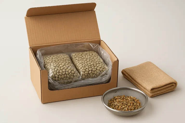 Cutaway view of proper packing: two vacuum-sealed green coffee sample bags inside a clear poly liner placed within a clean corrugated shipping box, with a sieve beside the box holding removed leaves, husk, and tiny twigs to emphasize cleanliness.