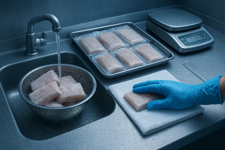 Deglaze verification at receiving: fish portions rinsed under cold running water, patted dry, and weighed on a scale beside a ruler in a chilled room.