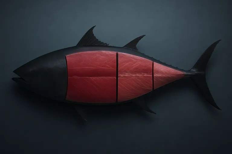Diagram-style image of a yellowfin tuna showing back loin, belly loin, center-cut, and tail sections highlighted in different shades to distinguish cut locations.