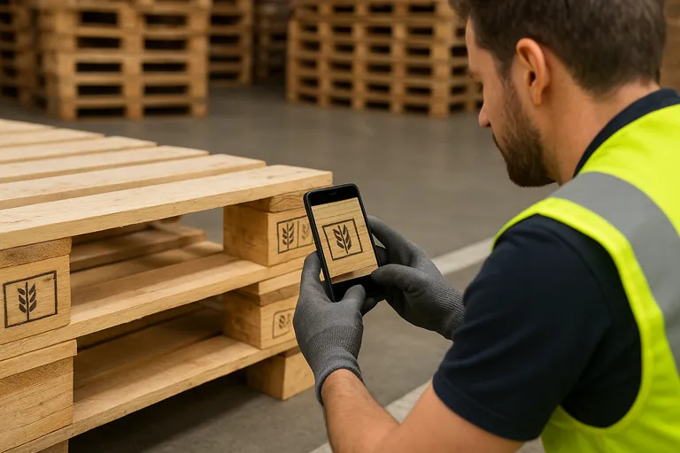 Dock worker in a high-visibility vest crouches to photograph the phytosanitary mark on a pallet stringer; a second mark is visible on the opposite side while other pallets line up in the background.