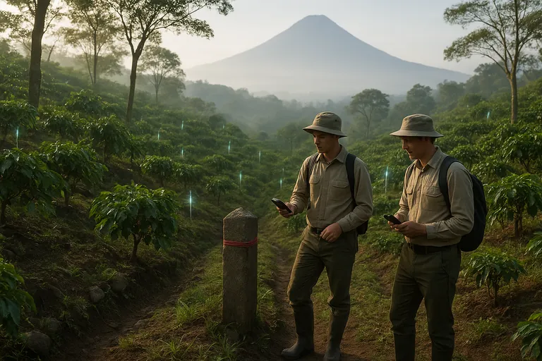 Enumerators mapping a smallholder coffee plot boundary on a terraced volcanic slope, holding a handheld GPS and smartphone near an unmarked stone boundary marker with a red cloth, coffee trees and shade canopy around them, misty mountains in the distance.