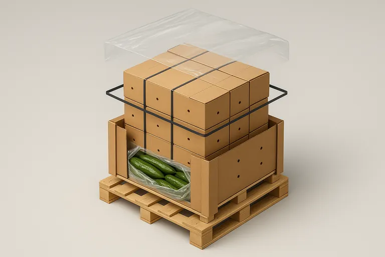 Exploded isometric view of a palletized fresh-vegetable shipment showing each packaging component: a clean wooden pallet, stacked ventilated corrugated cartons with one front carton cut away to reveal a thin translucent LDPE liner and cucumbers inside, kraft corner boards on the stack’s edges, black PP straps securing the load, and a final layer of clear stretch film wrapping the entire pallet.