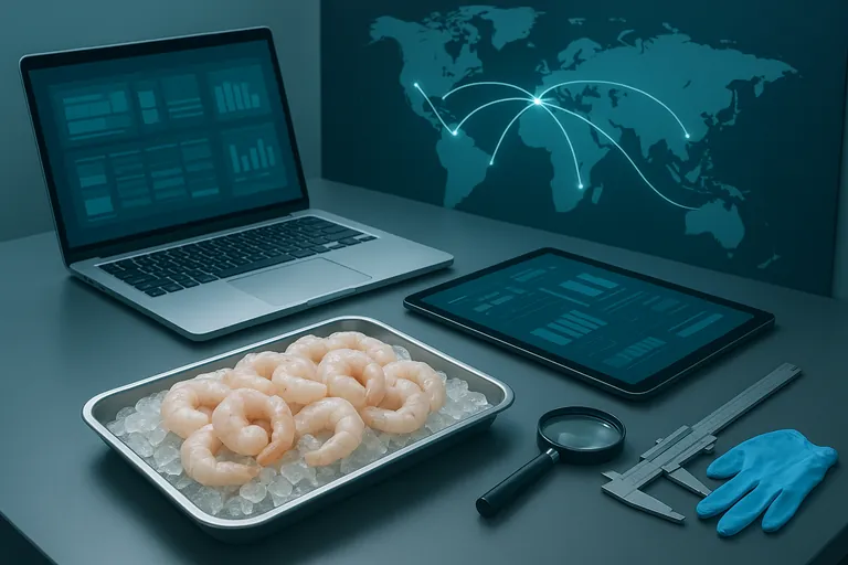 برآمد دفتر کی میز جس پر لیپ ٹاپ اور ٹیبلیٹ کے ساتھ چھلے ہوئے منجمد جھینگوں کی ٹرے، اور ایک دیوار کا نقشہ جو انڈونیشیا سے امریکہ، یورپ اور چین تک روشن راستے دکھا رہا ہے، بازاروں میں توثیق کی تجویز۔