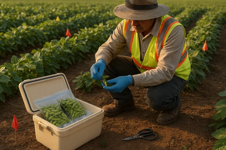 Field technician collecting edamame pods from multiple points across a field, with two identical unmarked sample bags in a cooler for composite and duplicate samples.