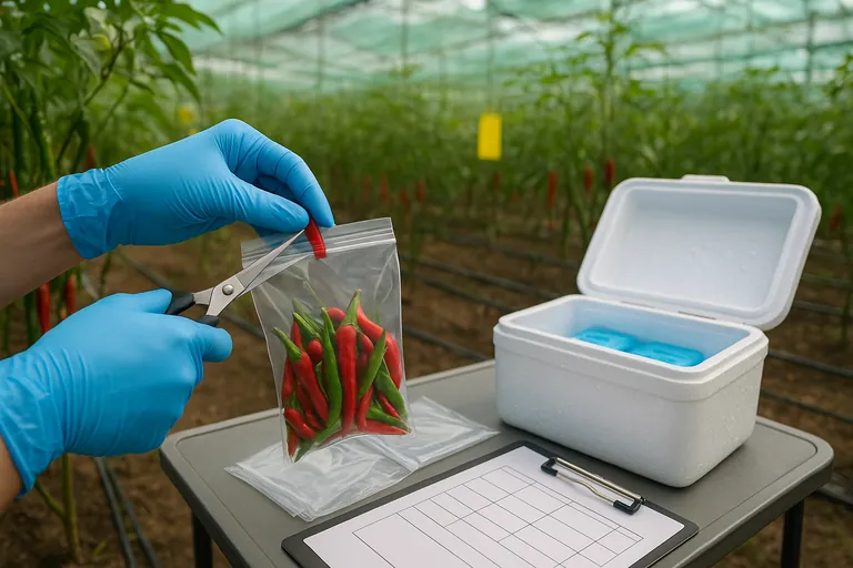 그늘막이 설치된 망사하우스의 고추 포장에서 현장 기술자가 멸균 가위를 사용해 수확 전 샘플을 채취하고 변조 방지 봉투에 봉인한 뒤 아이스팩이 든 냉각 박스에 넣는 모습; 빈 인수인계 양식과 깨끗한 도구들이 휴대용 테이블에 정돈되어 있음.