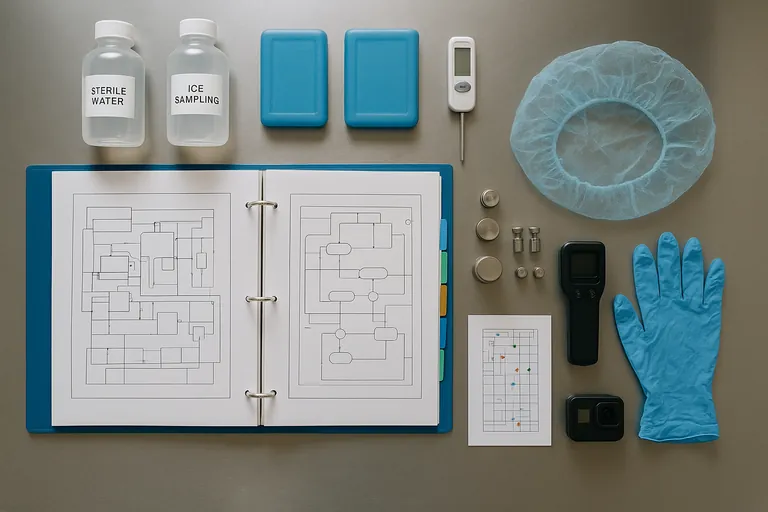 Flat lay of neatly organized compliance materials for a seafood plant: binder with plant diagrams, sampling bottles, calibration tools, PPE, and camera on a stainless table