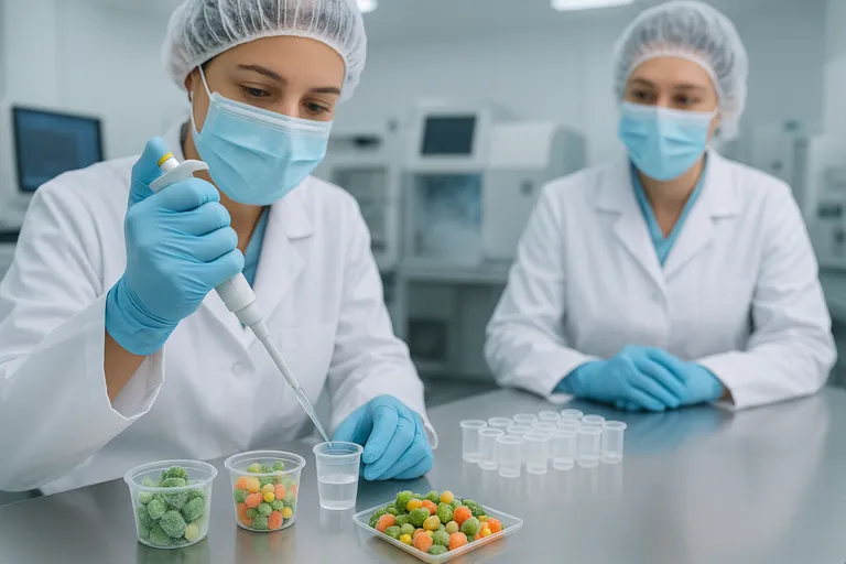 Food safety lab technicians preparing frozen okra and mixed vegetable samples for analysis, with frost visible on the produce, pipettes and vials on a stainless bench, and chromatography equipment softly blurred in the background.
