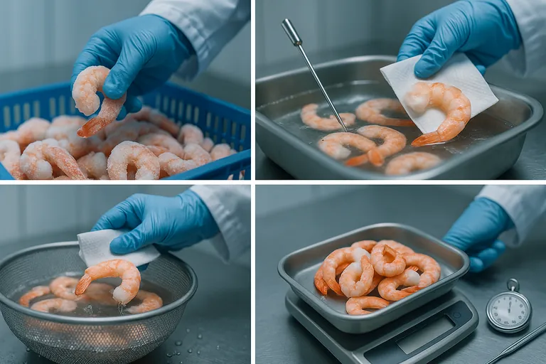 Four-panel sequence of the deglaze test: selecting frozen IQF shrimp, gently rinsing in cool water, quick drain and light blot, then immediate weighing on a digital scale in a cold-room setting.