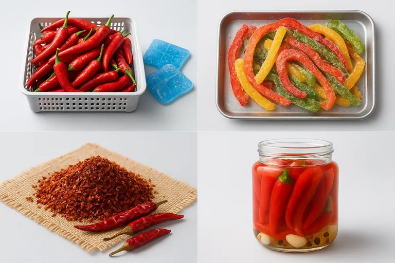 Four-panel studio comparison: fresh chilled chilies, frozen pepper strips with frost, dried chili flakes and pods, and pickled peppers in brine.