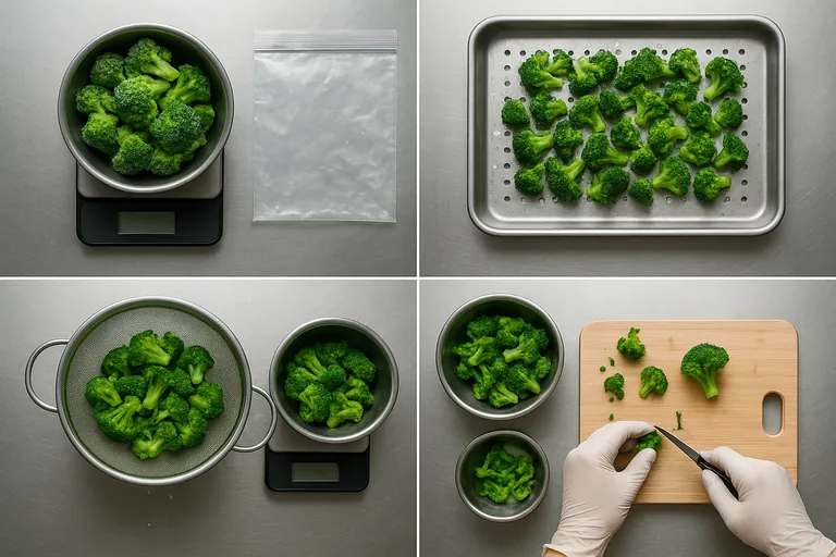 Four-panel top-down sequence of a quick kitchen yield test: weighing frozen broccoli, slow thaw on a perforated rack over a tray, draining and reweighing the solids, and minimal trimming with a paring knife before a final weigh.