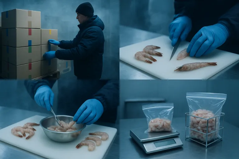 Четырехпанельное визуальное руководство по отбору проб креветки для определения остатков: выбор случайных картонов в холодном помещении, срезание хвостовой мышцы у креветки с головой на продезинфицированной доске, объединение хвостового мяса в композит в нержавеющей миске и запечатывание первичного и ретеншн‑образцов в прозрачные пакеты с разноцветными бирками, помещенными в стойки холодного хранения.