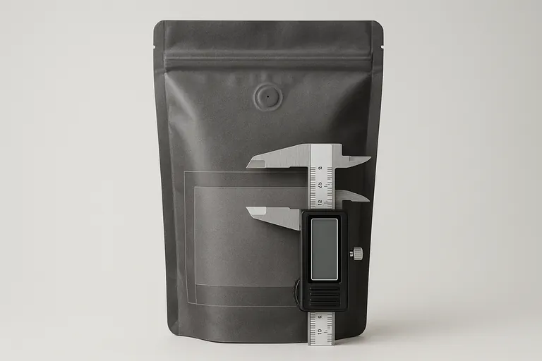 Front view of a coffee pouch with the lower third highlighted and calipers gauging the height where the net weight would go, clarifying placement on the principal display panel.