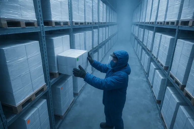 Frozen warehouse aisle with rows of palletized white tuna cartons; a worker in blue cold-room gear selects cartons that are spread across front, middle, and rear pallets, each marked with bright colored stickers to show distributed sampling.