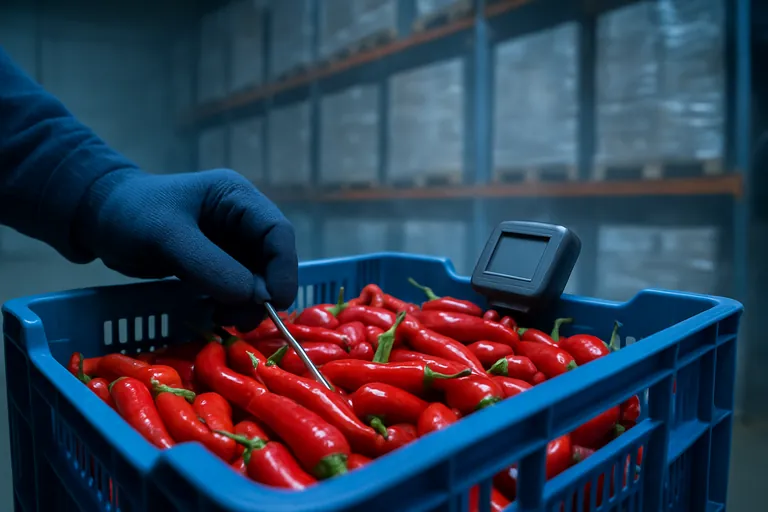 冷蔵倉庫内の青いコンテナに入った鮮赤唐辛子の温度を手袋着用の手で確認している様子。背景にはラップで梱包されたパレットがぼかして映っています