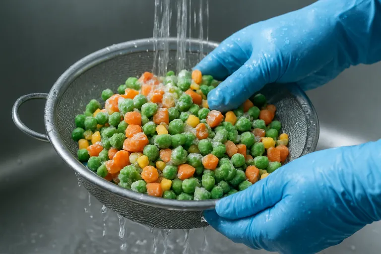 রবার্ড-হাতাঘোরা জমে থাকা মিক্সড সবজি হালকাভাবে নেড়ে দিয়ে জালে রাখা ছাঁকনিতে নরম পানির ধারা দিয়ে পৃষ্ঠের বরফ গলে যাচ্ছে।