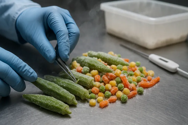 Gloved hands inspecting frozen okra and mixed vegetables on a stainless steel table, using tweezers to remove tiny plant debris, with frost crystals and cold vapor visible.