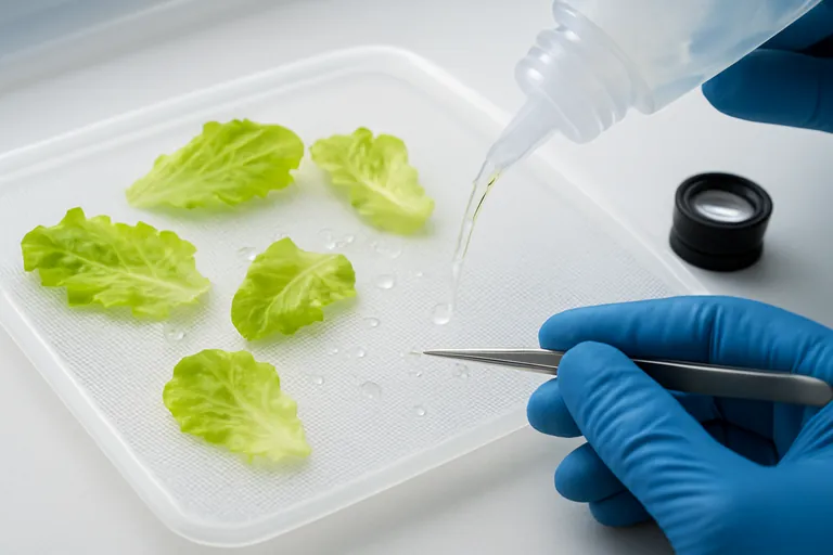 أيادٍ مرتدية قفازات تفحص خسًا مُشطفًا فوق شبكة بيضاء مشرقة تحت صندوق إضاءة، باستخدام ملاقط وعدسة مكبرة بينما يقطر الماء من زجاجة عصّارة؛ تظهر بقعة صغيرة على الشبكة