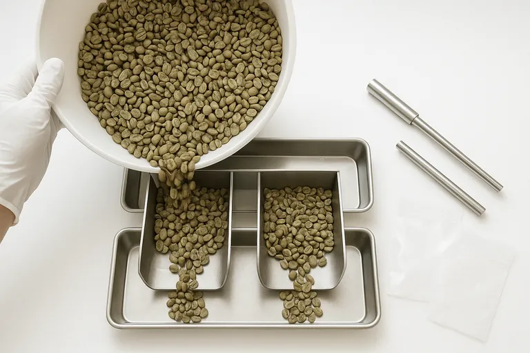 Gloved hands mix a large composite of green coffee beans in a clean tub and run them through a stainless riffle splitter into two trays, with a sampling spear and sealed sample bags beside the workstation.