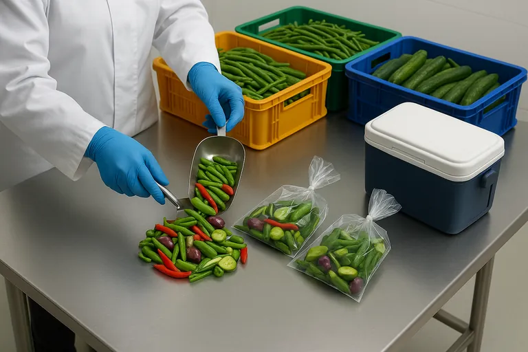 Gloved hands on a stainless table combining small amounts of chilies, long beans, cucumbers, okra, and eggplant from multiple crates into two identical clear sample bags, with a portable cooler and ice packs nearby for retention storage.