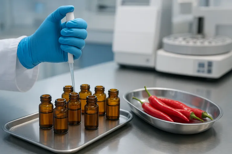 クリーンな検査室で、手袋着用の手が抽出液を小瓶にピペッティングしており、その横に生鮮赤唐辛子のトレイが置かれている様子（農薬残留検査のイメージ）。