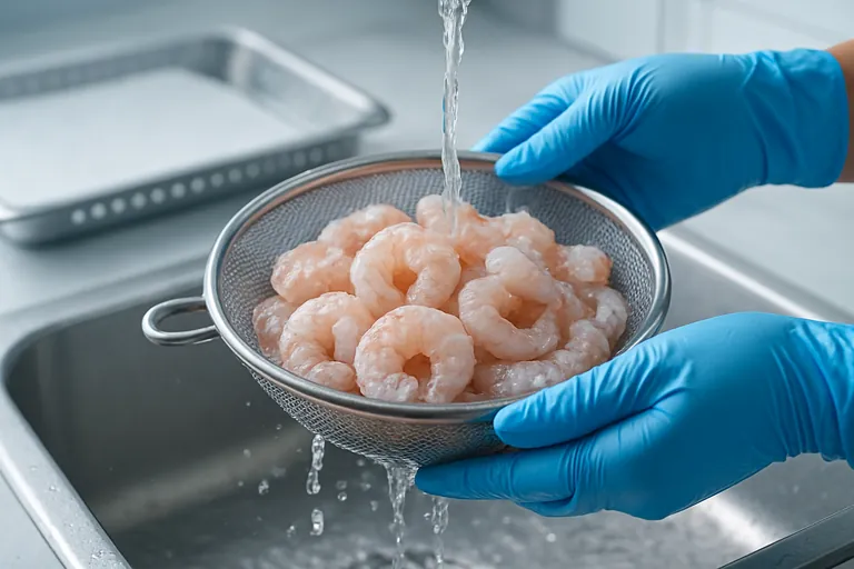 Manos con guantes enjuagando camarones congelados en un colador de malla bajo agua corriente fría para eliminar la capa de hielo.