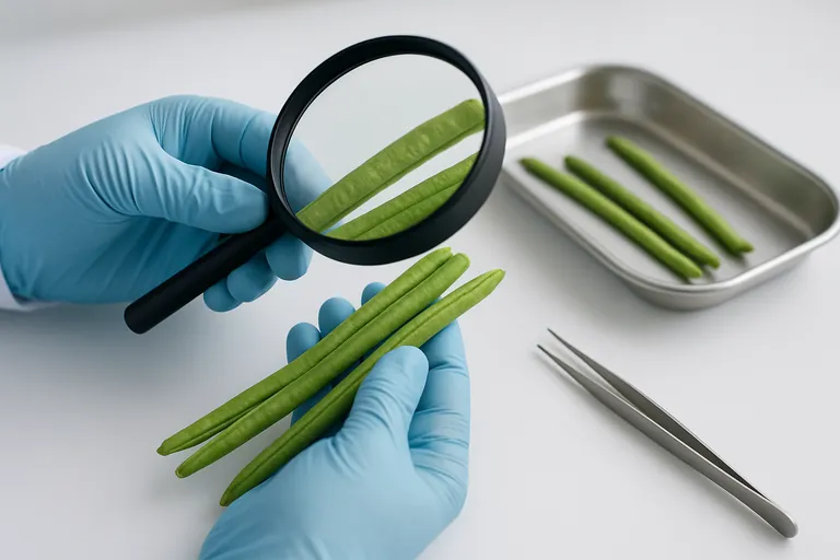 दस्ताने पहने निरीक्षक एक साफ़ निरीक्षण तालिका पर नमूना ट्रे और पिनसेट के साथ ताज़ा यार्डलॉन्ग बीन्स की जाँच करने के लिए आवर्धक लूप का उपयोग कर रहे हैं.