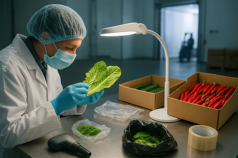 Gloved inspector using a magnifying loupe under a bright lamp to examine a lettuce leaf at a clean inspection table with open produce cartons, spare liners, a waste bag, and a reefer container in the background