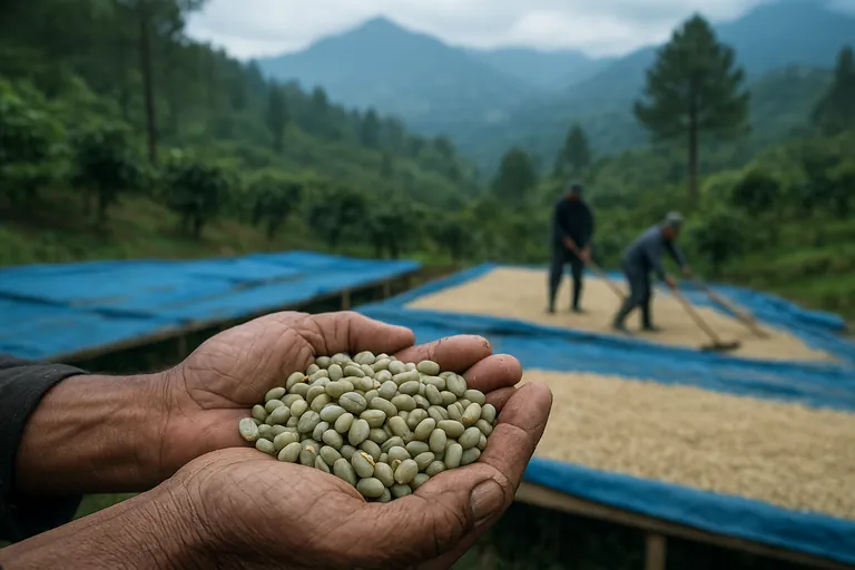 Tangan memegang biji kopi green giling basah dengan tempat pengeringan di latar perbukitan Sumatra yang berkabut.