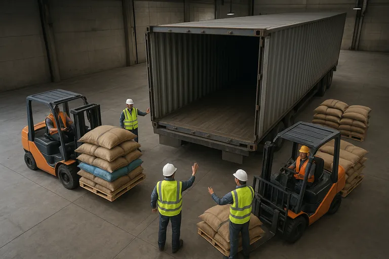 High-angle view inside a warehouse where two forklifts load an open shipping container with pallets of plain jute coffee sacks, some wrapped in blue film and others in green, illustrating a shared container shipment.