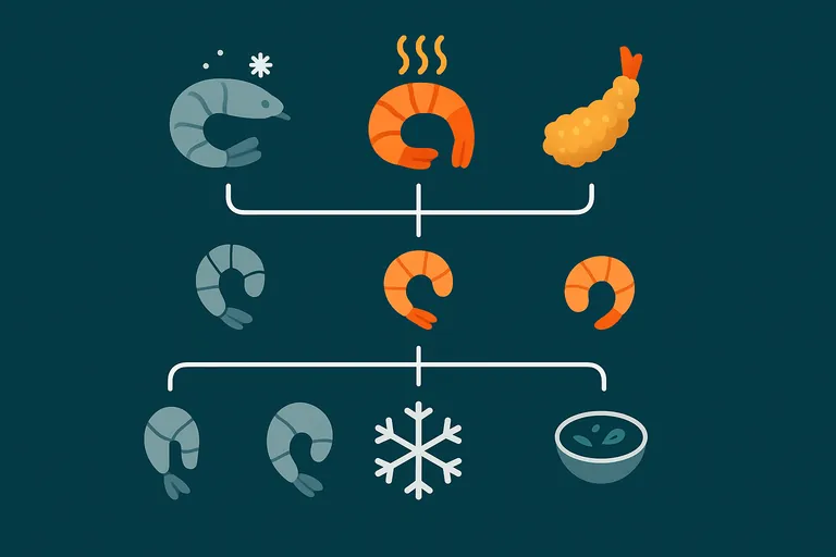 تدفق قراري أيقوني يظهر روبيان مركزي يتفرع إلى مسارات نيء، مطبوخ، ومغلف بالفتات، ثم إلى أشكال مثل رأس محفوظ بالقشرة، منزوعة الرأس بالقشرة، مقشر ذي ذيل وذو ذيل مرفوع، وينتهي برمز ندفة الثلج للدلالة على التجميد.