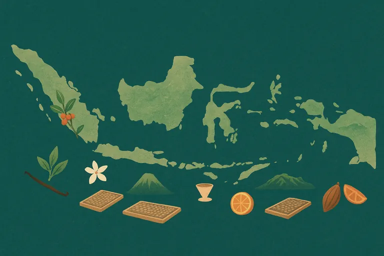 Illustrated map of the Indonesian archipelago highlighting Sumatra, Java, Bali, Sulawesi, and Flores with subtle coffee-themed icons: raised drying beds near Bali and Java, a V60 cone over Bali, jasmine and citrus blossoms over Java and Bali, mountain ridges over Sulawesi Toraja, spice and cocoa pod motifs near Sumatra and Flores.
