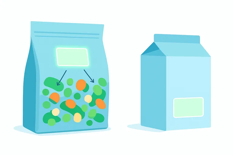Illustration montrant l’emplacement d’impression recommandé sur une pochette debout (près de la zone arrière supérieure, à côté de la fermeture) et sur un carton pliant (panneau arrière inférieur) avec rectangles et flèches mis en évidence.
