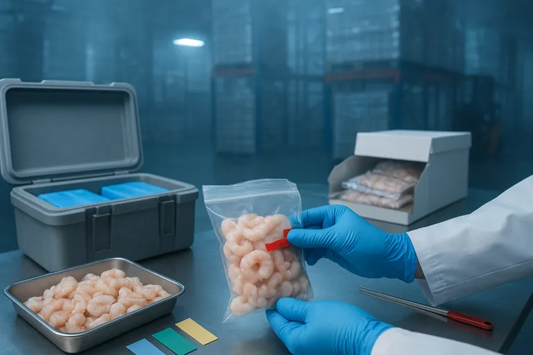 En una sala de procesamiento refrigerada, un técnico de control de calidad compone un composite de camarones de múltiples cajas sobre una bandeja, pesa la muestra en una mesa de acero inoxidable y sella una bolsa de muestra transparente con una tira de evidencia de manipulación roja junto a una nevera abierta con paquetes de hielo.