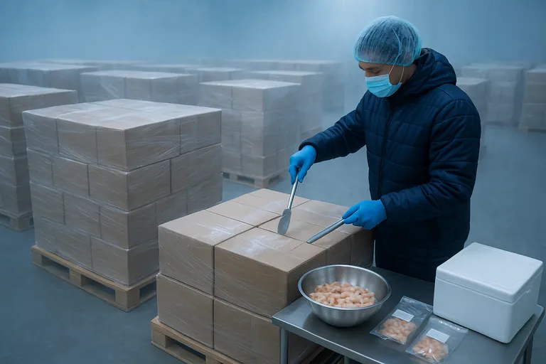 In a cold storage room, a QA technician samples frozen shrimp cartons from different pallets and layers, combining portions into a composite on a mobile table while sealing duplicate retention bags with ice packs nearby.