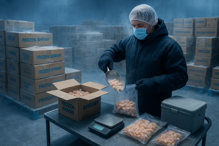 コールドストレージ倉庫で、PPEを着用した技術者が異なるパレット位置からエビのカートンをサンプリングし、色付きの改ざん防止シール付きの封筒に複合サンプルを作成している。