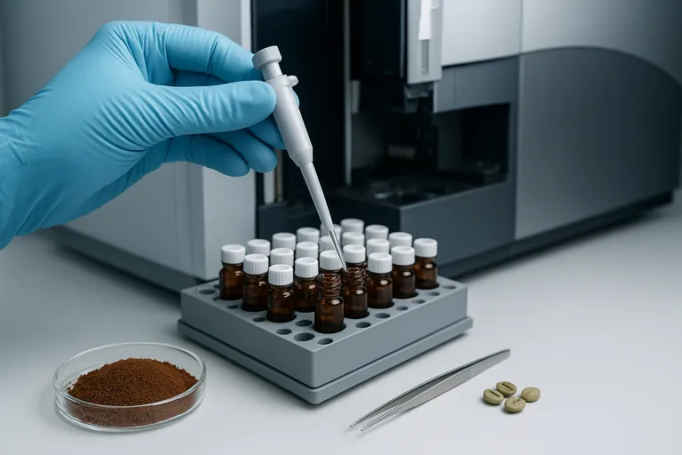 In a modern food testing lab, a technician in gloves pipettes extracts from ground green coffee into amber vials arranged in an autosampler tray beside an LC-MS/MS instrument.