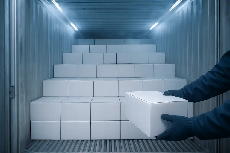 Inside a 20-foot refrigerated container, neatly floor-loaded rows of unbranded white 10 kg cartons extend toward the front, with a subtle frosty haze and small airflow gaps visible near the top and sides.