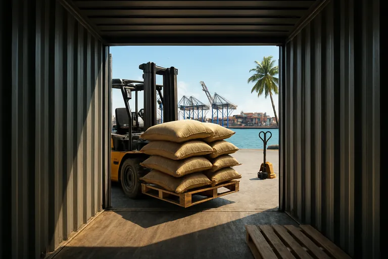 Inside a 20-foot shipping container as a forklift loads pallets of burlap sacks filled with Indonesian green coffee; one bag slightly open reveals pale green beans, with cranes, stacks of containers, and water visible outside in bright daylight.