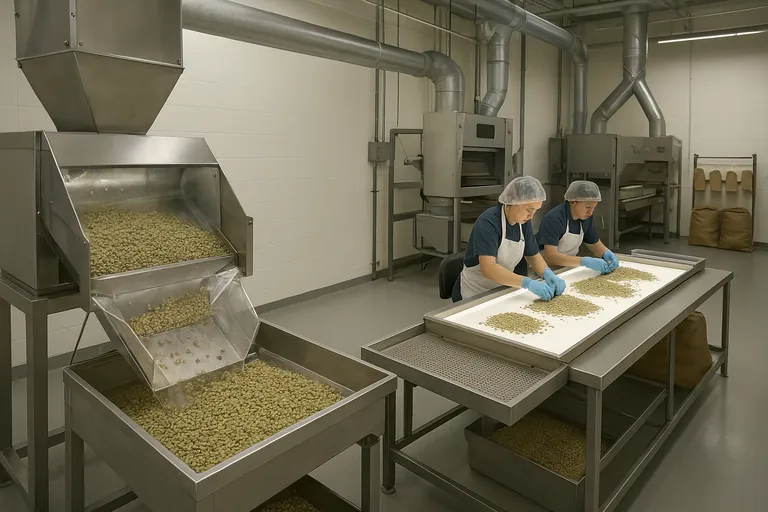 Inside a coffee processing facility, a destoner and gravity table separate stones from green coffee while workers hand-sort beans on an illuminated table.