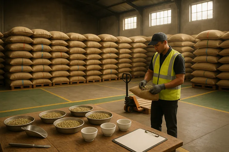 Inside a coffee warehouse, separated stacks of burlap sacks on pallets with color-coded seals, a worker in a safety vest inspecting a batch at a sample table with trays of green beans and cupping bowls, sunlight filtering through high windows.