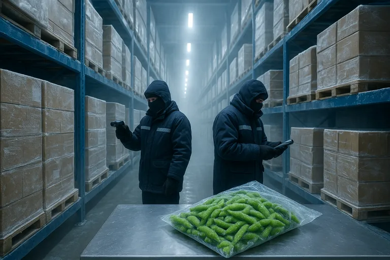 Dentro de una cámara frigorífica, dos operarios con ropa aislante revisan pallets de cajas sencillas sin marca de edamame congelado; el aire helado y las vainas de un verde brillante con cristales de hielo en una mesa cercana enfatizan la cadena de frío.